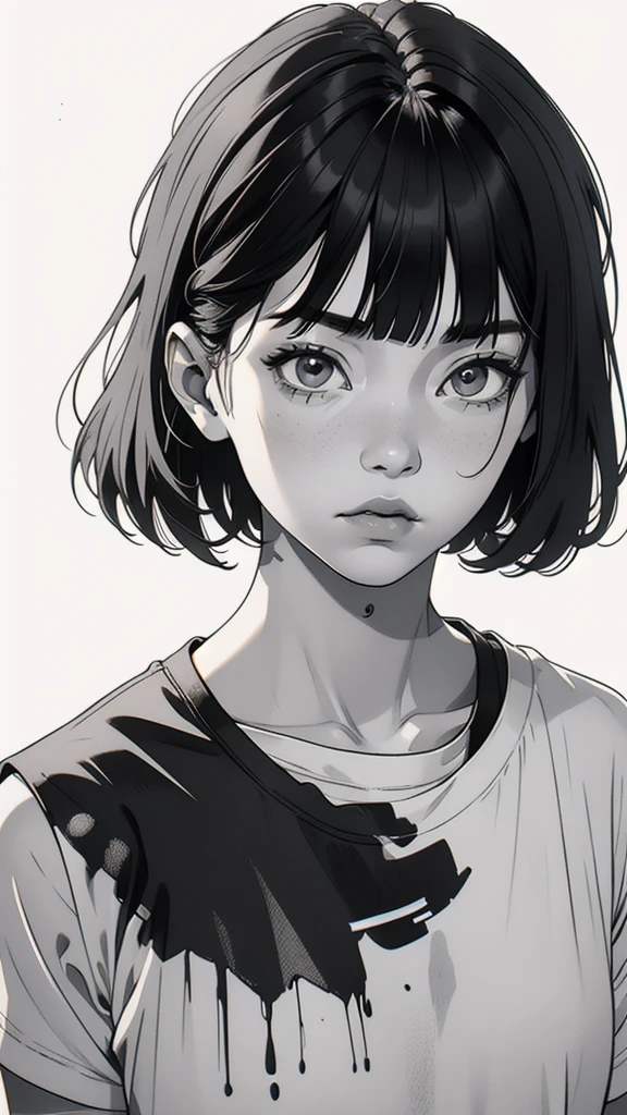 1 korean boyish girl, solo, sharp eyes, monochrome, greyscale, shoulder length black hair, portrait, blank white T-shirt, Thin eyebrows, closed mouth, looking at viewer, graphite \(medium\), detailed lips, hatching \(texture\), without makeup, (bangs), upper body, (best illustration), (best quality), (very detailed), (masterpiece), expressionless,