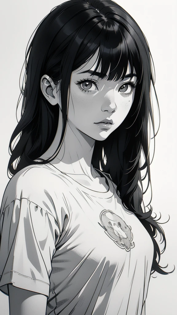 1 korean boyish girl, solo, sharp eyes, monochrome, greyscale, shoulder length black hair, portrait, blank white T-shirt, Thin eyebrows, closed mouth, looking at viewer, graphite \(medium\), detailed lips, hatching \(texture\), without makeup, (bangs), upper body, (best illustration), (best quality), (very detailed), (masterpiece), expressionless,