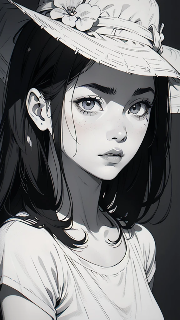 1 korean boyish girl, solo, sharp eyes, monochrome, greyscale, shoulder length black hair, portrait, blank white T-shirt, Thin eyebrows, closed mouth, looking at viewer, graphite \(medium\), detailed lips, hatching \(texture\), without makeup, (bangs), upper body, (best illustration), (best quality), (very detailed), (masterpiece), expressionless,