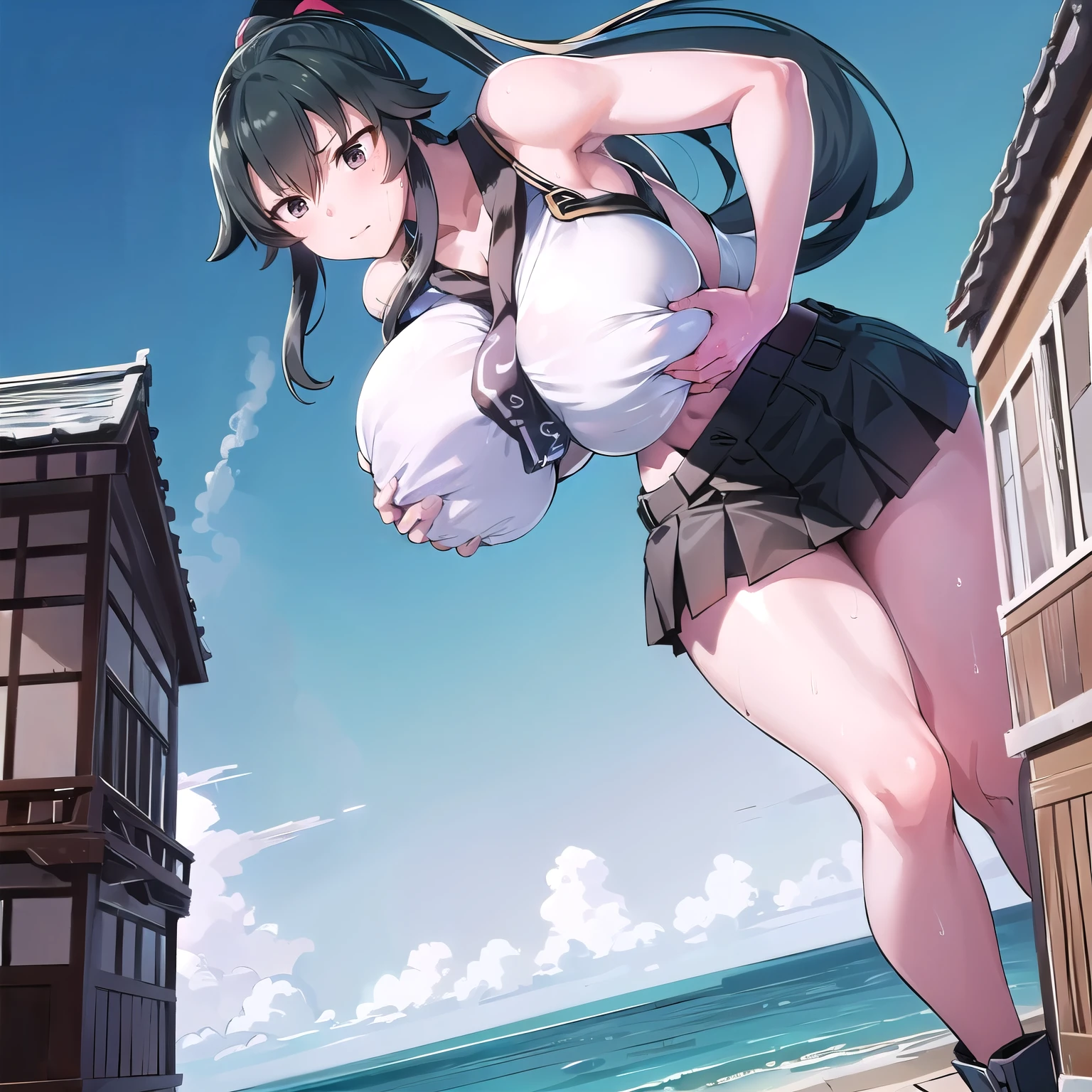 (giantess), (((((huge breast))))), Pleasure, Long legs, Sweat, yahagi_kantaicollection,A woman seen from the side,Underarm,ponytail,Dressed Woman,Repair Dock,paizuri
