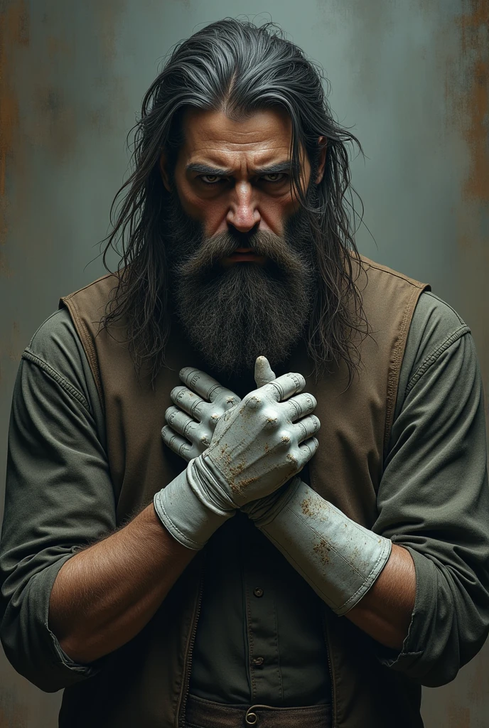 A tall man, His face was gloomy, covered in a long, dirty beard that looked like it hadn't been cut in months.. His long, dark hair was just as battered as his beard.. His clothes were dirty and looked old., Just like his gloves that seemed to be covered in white metal.. But that now man had fixed himself, his clothes were clean, He was wearing boots that matched his shirt., had shaved, combed and cut hair. However, His gloves were the same.