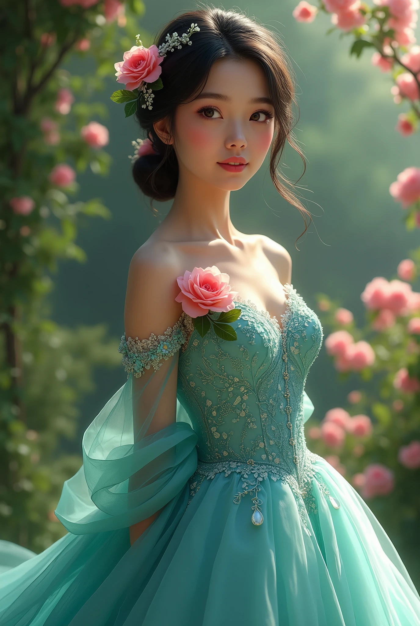 A young woman wearing a teal wedding dress with a pink rose on the chest