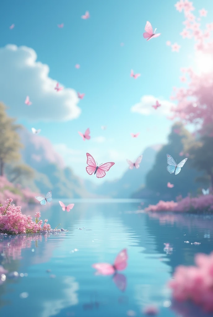 Background made There is a lake , blue sky, clouds,There are many Crystal Butterflies, water splash, High detail scenes, Animation style rendering, Estilo Artistic de alta fidelidad., High detail composition, Beautiful 3d 4k composition, Artistic, Spring vibration, Bottom corner, blurry and dreamy illustration, dream scenes, numerical art, High fidelity aesthetics