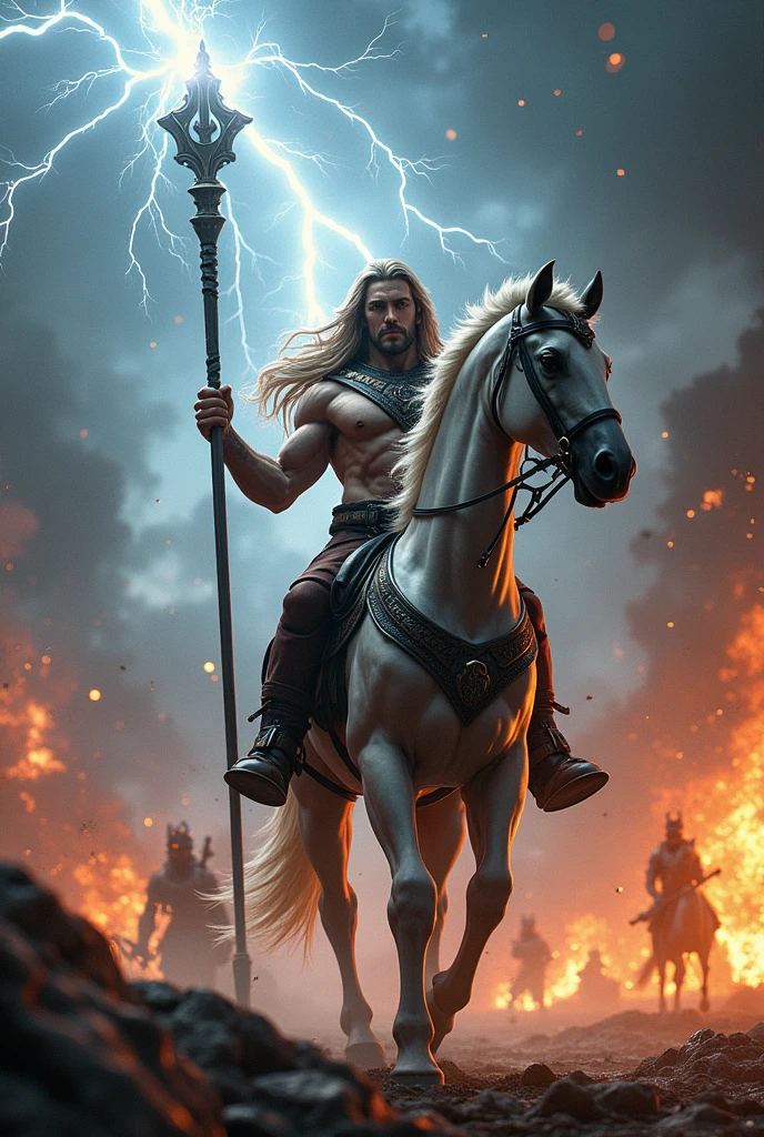 a majestic centaur, half horse and half human, standing amidst a raging battle, wielding a staff that crackles with powerful lightning, electricity arcing around him, ultra-detailed, dramatic lighting, epic fantasy, cinematic, highly detailed, 8k, photorealistic, intricate ???????, muscular physique, noble expression, piercing gaze, flowing hair, leather armor, complex background with soldiers and explosions, dynamic pose, dramatic atmosphere, vibrant colors