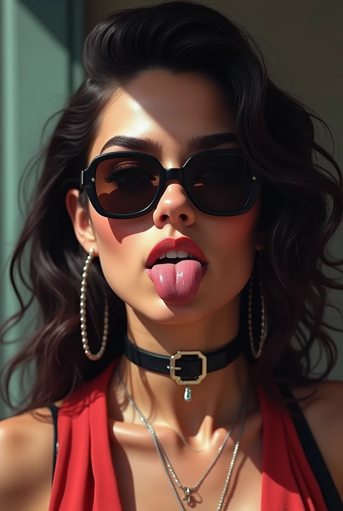 A bad bitch with sunglasses but down to the nose and her tounge is out with a piercing on it