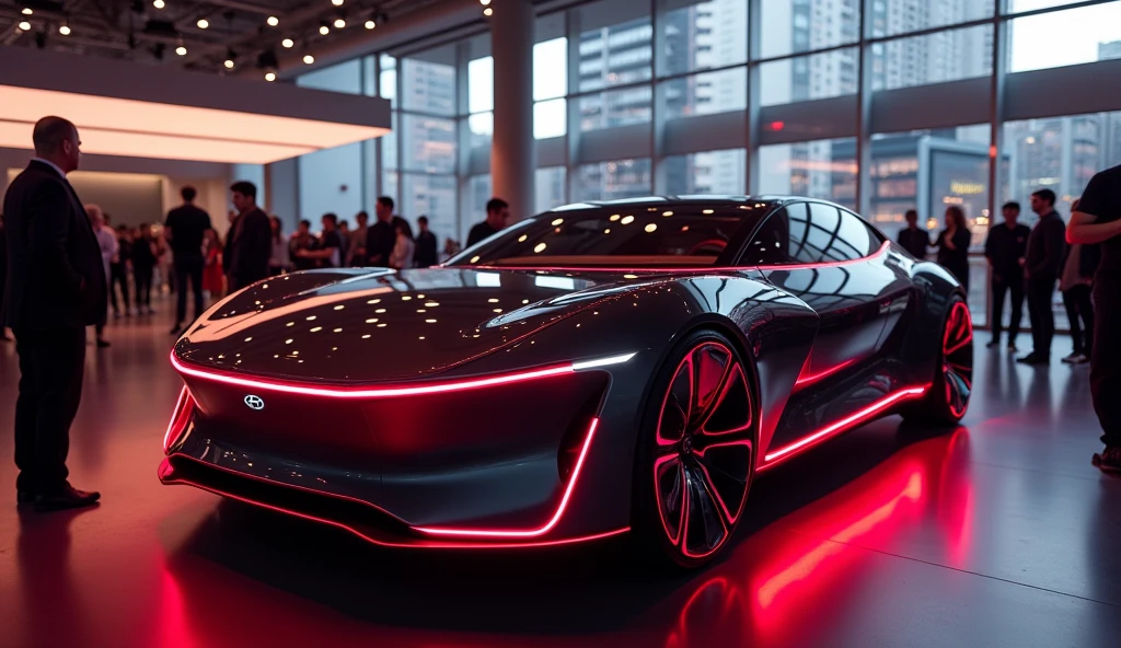 a luxury Hyundai Palisade mixed with luxury Tesla, electric car, futuristic full Red strip LED design, in a showroom with a lots people