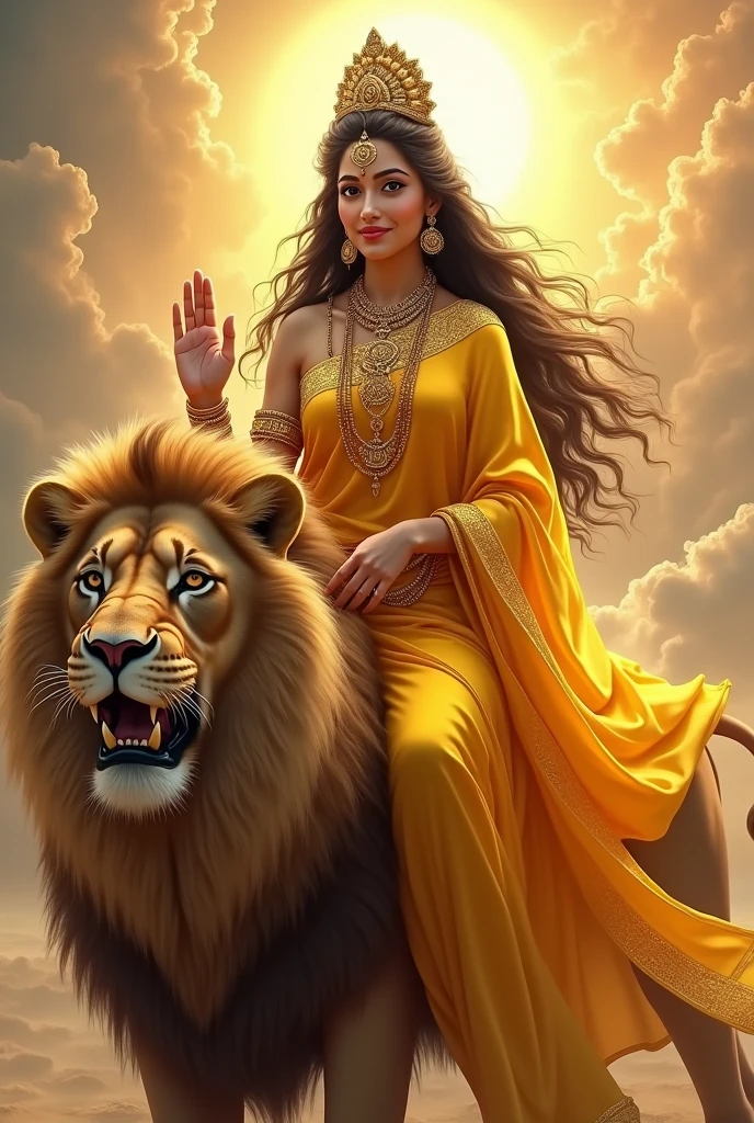 "Create an ultra-realistic image of the beautiful Goddess Katyayani Devi, depicted in a radiant yellow saree that symbolizes energy, vibrancy, and divine power. The saree should be intricately designed with gold embroidery, enhancing her regal and divine presence. Her skin should have a soft, golden glow, reflecting her celestial beauty and purity. Her face should be serene yet powerful, with large, expressive eyes that convey both compassion and strength, and a gentle smile that exudes grace, she has extremely very very long and very dense hair, Her hair should be wild and untamed, flowing freely around her, symbolizing her raw, untamed energy.

She has only two hands, Her right hand is in a blessing posture. In her left hand, she holds a designed majestic big sword.

She should be seated on an extremely large and majestic magnificent lion, symbolizing her immense strength, courage, and ability to protect her devotees. The lion should have a thick, luxurious mane and a powerful build, with a fierce yet loyal expression, perfectly complementing the goddess's commanding presence.

The background should feature a celestial landscape, with soft, glowing light and elements like golden rays of sunlight, enhancing the divine atmosphere. The overall image should capture the essence of Goddess Katyayani’s beauty, strength, and protective nature, presented in a highly realistic and detailed manner, with her yellow saree and majestic lion emphasizing her divine power and authority."