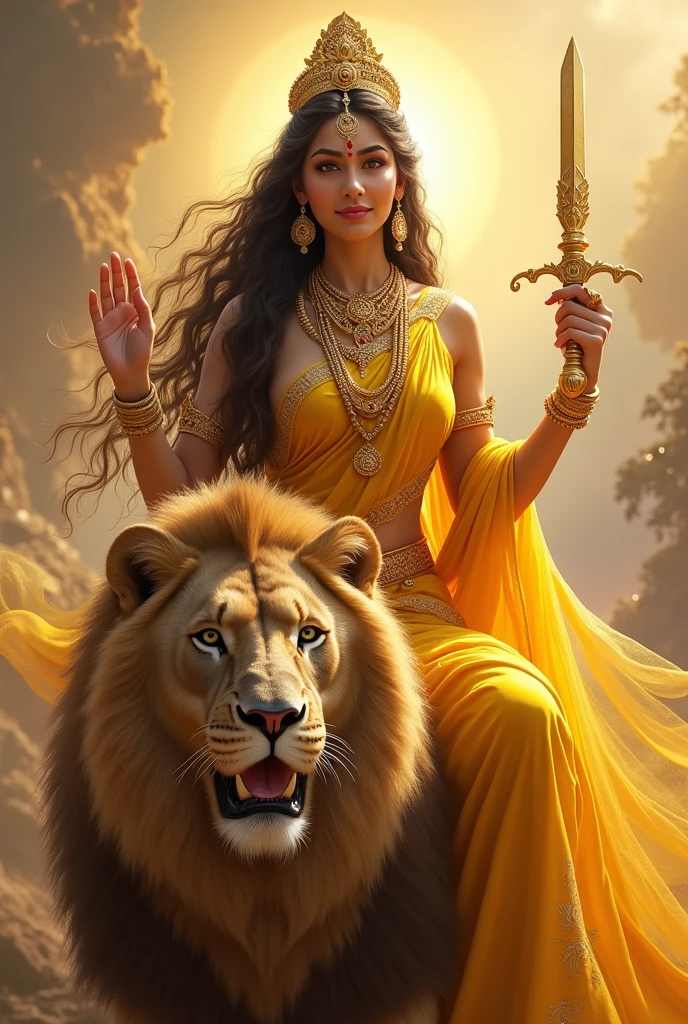 "Create an ultra-realistic image of the beautiful Goddess Katyayani Devi, depicted in a radiant yellow saree that symbolizes energy, vibrancy, and divine power. The saree should be intricately designed with gold embroidery, enhancing her regal and divine presence. Her skin should have a soft, golden glow, reflecting her celestial beauty and purity. Her face should be serene yet powerful, with large, expressive eyes that convey both compassion and strength, and a gentle smile that exudes grace, she has extremely very very long and very dense hair, Her hair should be wild and untamed, flowing freely around her, symbolizing her raw, untamed energy.
She has only two hands, Her right hand is in a blessing posture. In her left hand, she holds a designed majestic big sword.
She should be seated on an extremely large and majestic magnificent lion, symbolizing her immense strength, courage, and ability to protect her devotees. The lion should have a thick, luxurious mane and a powerful build, with a fierce yet loyal expression, perfectly complementing the goddess's commanding presence.
The background should feature a celestial landscape, with soft, glowing light and elements like golden rays of sunlight, enhancing the divine atmosphere. The overall image should capture the essence of Goddess Katyayani’s beauty, strength, and protective nature, presented in a highly realistic and detailed manner, with her yellow saree and majestic lion emphasizing her divine power and authority."