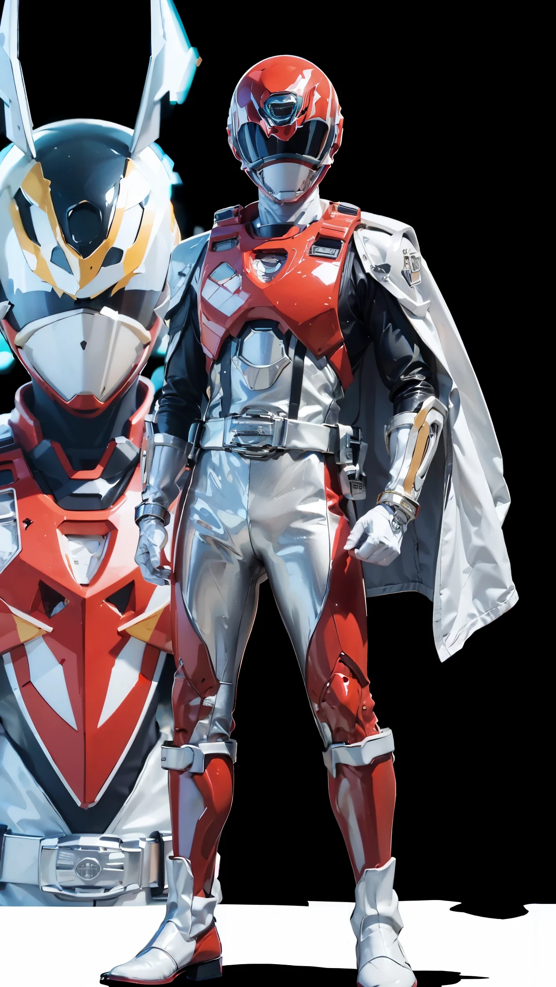 1boy, full body, Illustration, cinematic light, high resolution, best quality, ultra detailed, masterpiece, power suit, powerranger, suit, spd, (Silver and Gold chestplate), red and gold detail, (((white suit))),