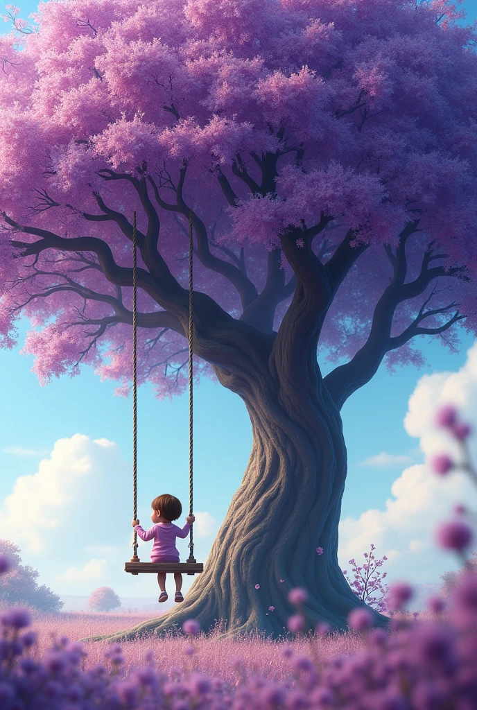 Create a realistic image of a tree it's leave purple colour and white flowers on the tree and a swing hanging on it and a child sitting on the swing