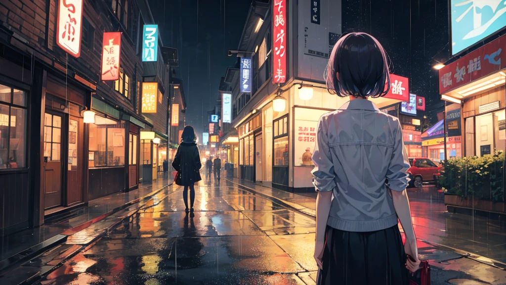 rain、night、woman、Back view