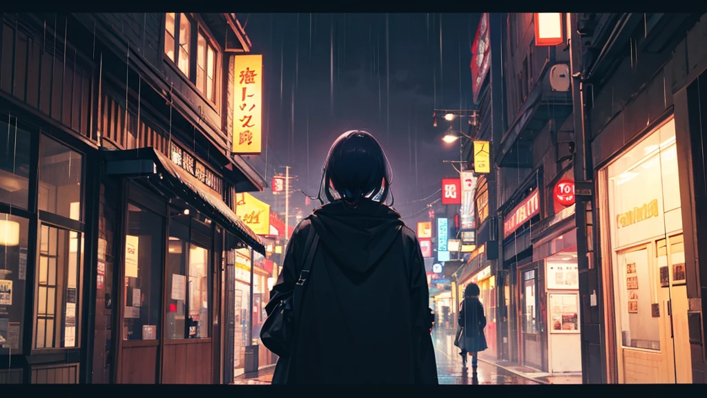 rain、night、woman、Back view