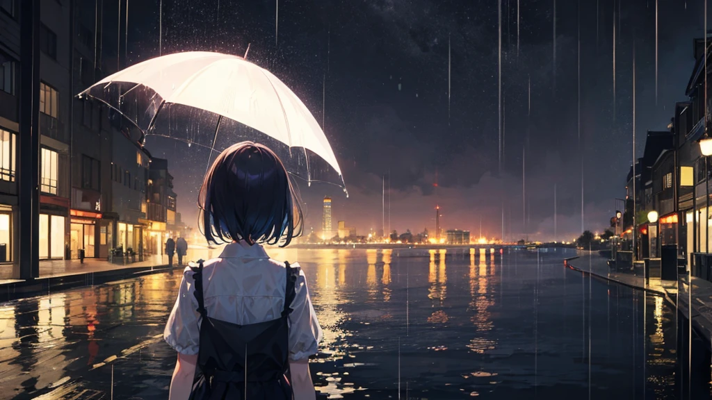 rain、night、woman、Back view