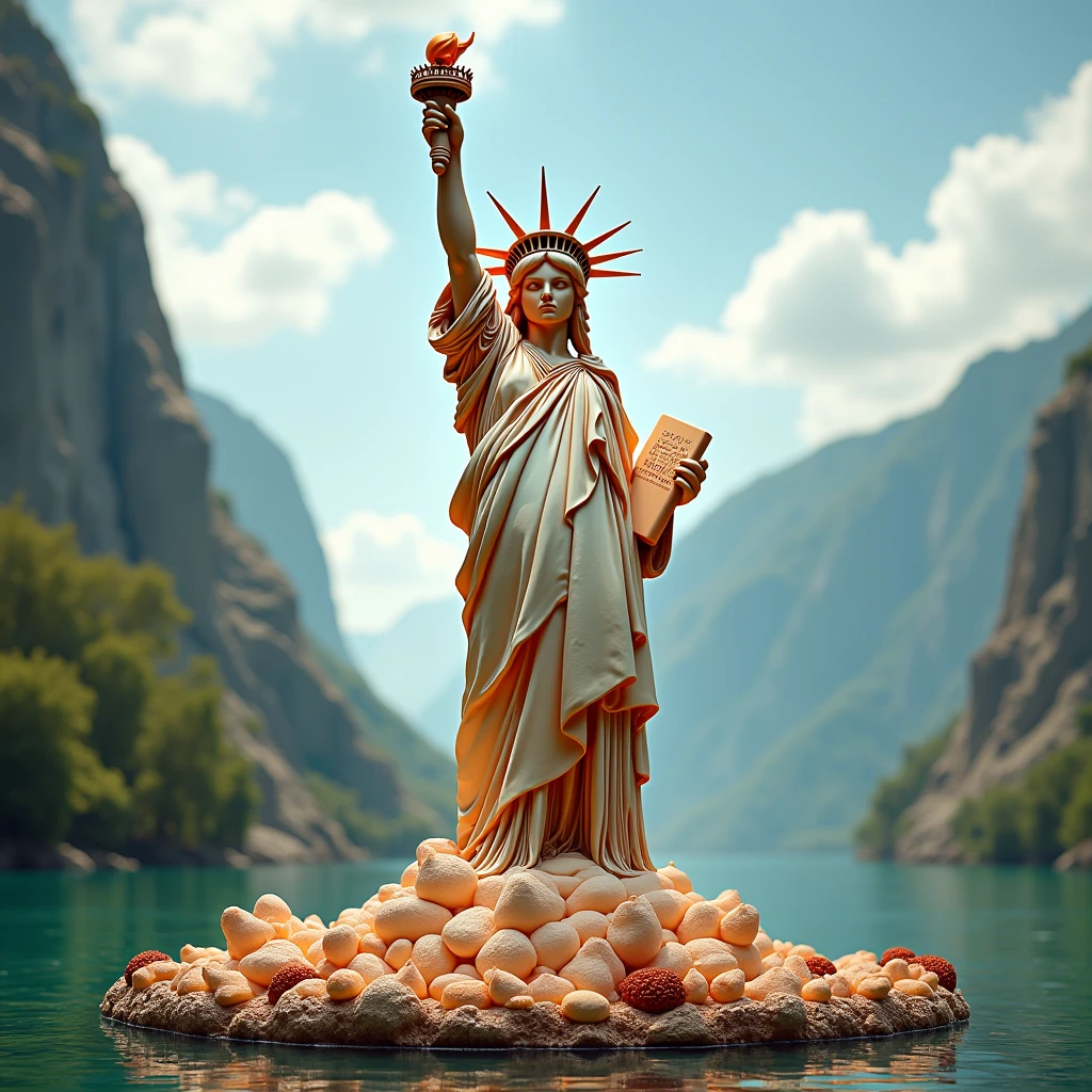 liberty statue made of dessert but keep architecture with realistic background