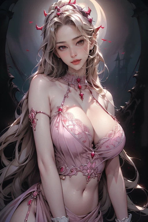 (masterpiece:1.2), (highest quality,silky skin,beautiful real woman:1.3), realistic, (real picture, intricate details, pink high neck dress), parted lips, very detailed, perfect face, perfect body, large model,(Background in the eerie moonlit night, old castle:1.6)、(slave Vampire princess:1.7)、transparent nippleature woman、tall、long legs、Separate the upper and lower costumes、brightly colored drawings、Clothes with a wide open chest、revealing costumes、Clothes that expose the belly button、Only the upper body is dressed up、random hairstyle、big breasts、transparent lace costume、embellished costume、