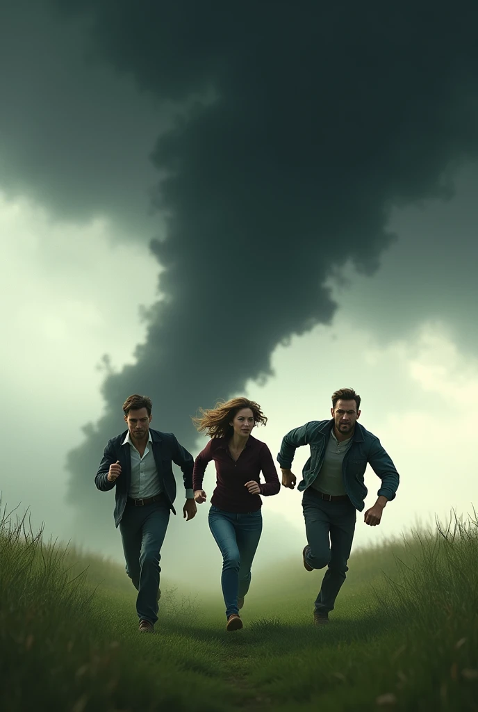 Three(two man and one women) people are running. Tension and fear appear there face. They are running on green grace. They are on ground they running from tornado which look more dangerous and look black. 