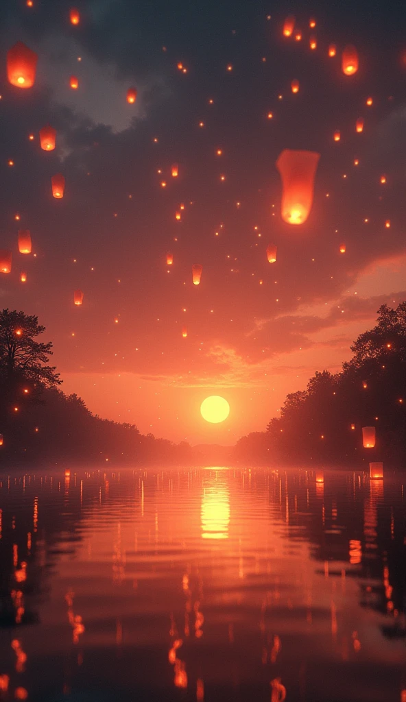 (masterpiece:1.2,Superior Quality,mirror-like,Cinematic Experience),8k,wallpaper,(Over the lake, countless lanterns were released into the air.:2.0),(Diffuse reflection of light:2.0),(Dynamic Angle:2.0)16K, Ultra-high resolution, Ultra-high resolution, to be born,wonderful ,future、Iridescent、The world 30 years from now