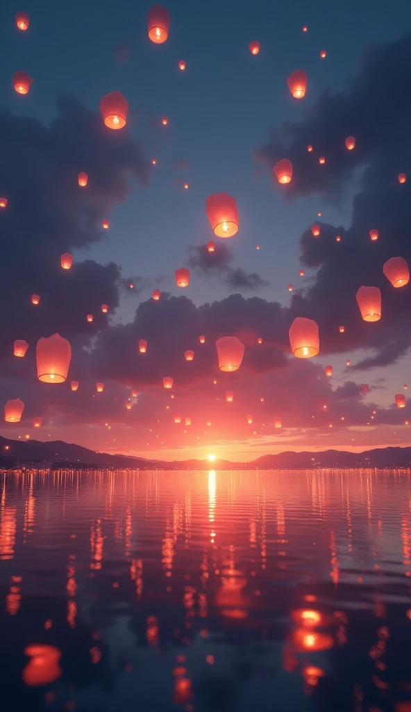 (masterpiece:1.2,Superior Quality,mirror-like,Cinematic Experience),8k,wallpaper,(Over the lake, countless lanterns were released into the air.:2.0),(Diffuse reflection of light:2.0),(Dynamic Angle:2.0)16K, Ultra-high resolution, Ultra-high resolution, to be born,wonderful ,future、Iridescent、The world 30 years from now