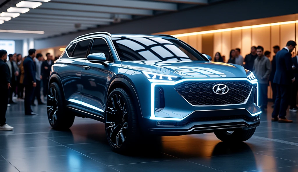 a luxury Hyundai Palisade mixed with luxury Fortuner, electric car, futuristic full LED design, in a showroom with a lots people