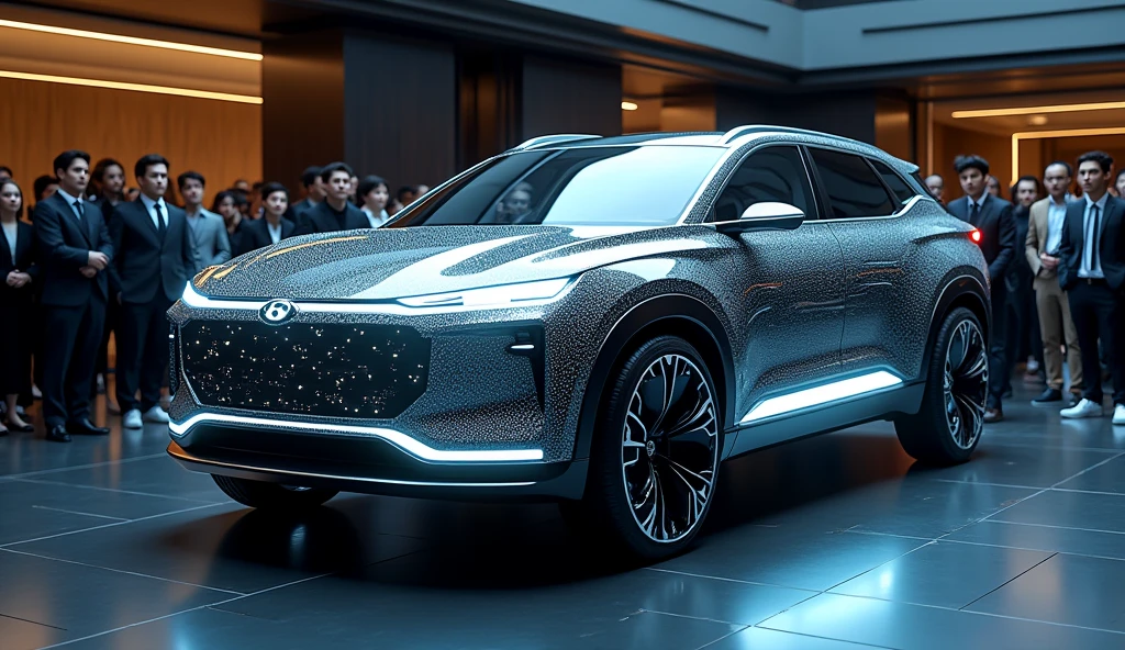 a luxury Hyundai Palisade mixed with luxury Fortuner, electric car, futuristic full LED design, in a showroom with a lots people