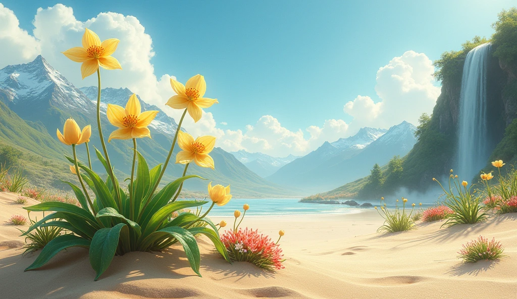 In the desert between the sands you can see the leaves of the mint plant and it has beautiful open yellow flowers that resemble orchids, tulips and small red and white cherry blossoms with morning dew on them and dew from the rain that stopped falling and you feel the ground is a little wet from the rain and in the background there are white clouds intermittent in waves and there is no sun there is no sun and from afar there are four mountains at the top of these mountains are the remains of snow and those green mountains are green from the plants and herbs on them from afar and after the far right there is a huge waterfall falling from a high elevation of the mountain making a river in the desert and a valley close to the beautiful mint plants