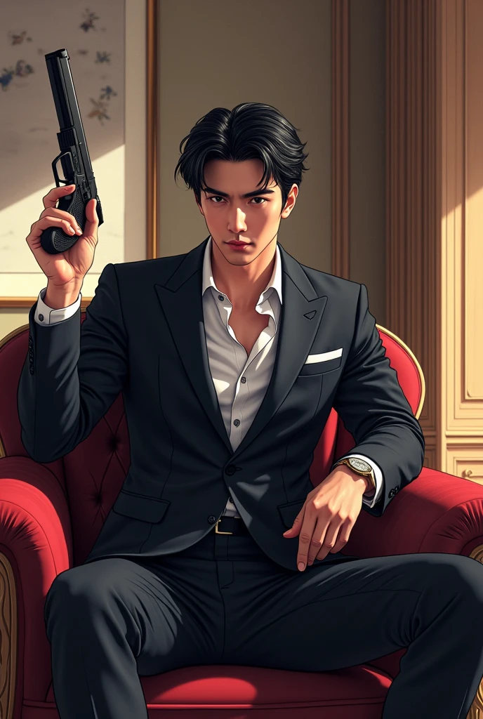 Sexy white korean animated man with a gun in his hand sittting in the chair with pose and wearning black suit in his beautiful house