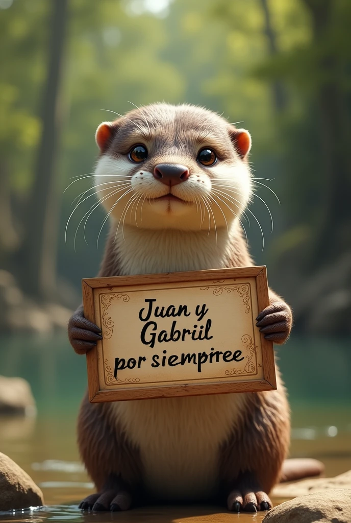 Generate an image of a realistic pygmy otter holding a sign that says Juan and Gabriel together forever . in Spanish, Please try to make the words clear.