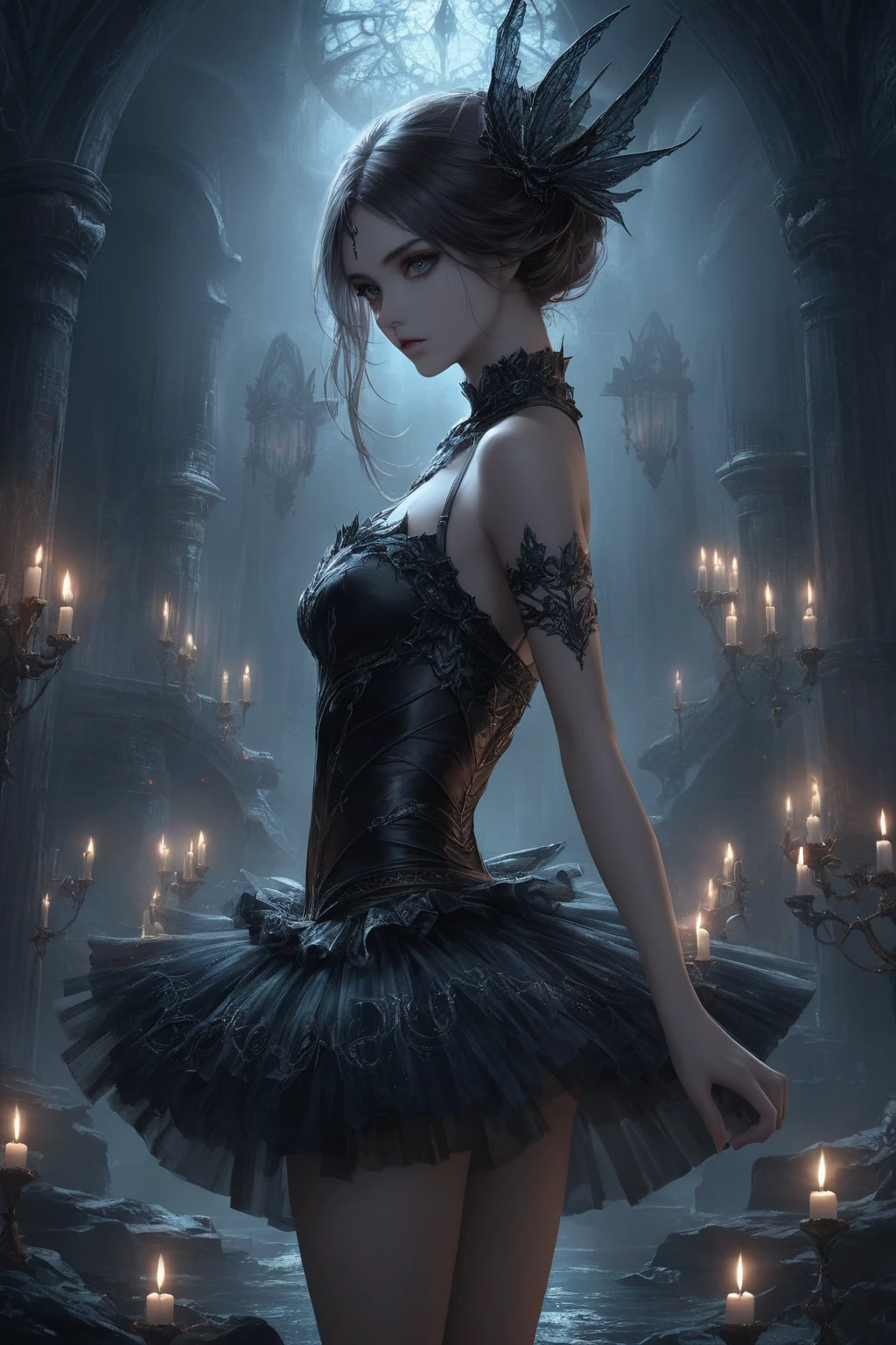 Ultra high quality, 8k, Very detailed, dark fantasy art photos, girl wearing tutu,eye contact, dark, moody, dark fantasy style, beautiful lights, great composition