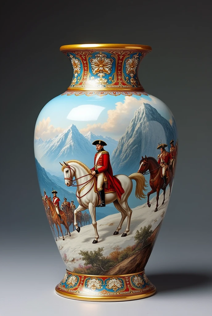 Turkish Ceramics,Napoleon crossing the Saint Bernard Pass in the Alps,Vibrant and gorgeous ceramic vase,Blue with white and red,Complex design,Intricate details,European court background,Design process,Lots of details,Professional photos, best quality,Ultra HD,masterpiece