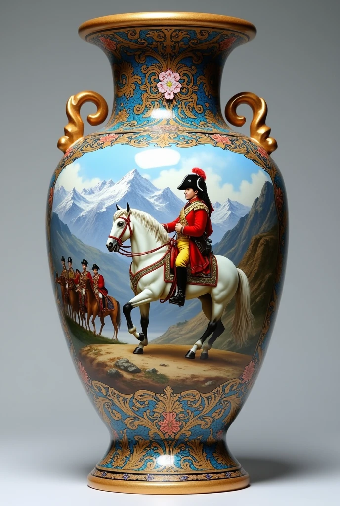 Turkish Ceramics，Napoleon crossing the Saint Bernard Pass in the Alps，Vibrant and gorgeous ceramic vase，Blue with white and red，Complex design，Intricate details，European court background，Design process，Lots of details，Professional photos, best quality，Ultra HD，masterpiece