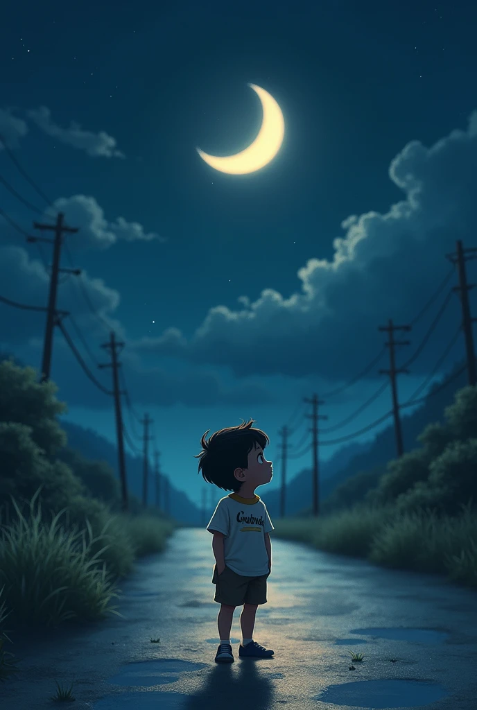 Child , chundu name on tshirt, he see moon on road , he thinking what have in moon