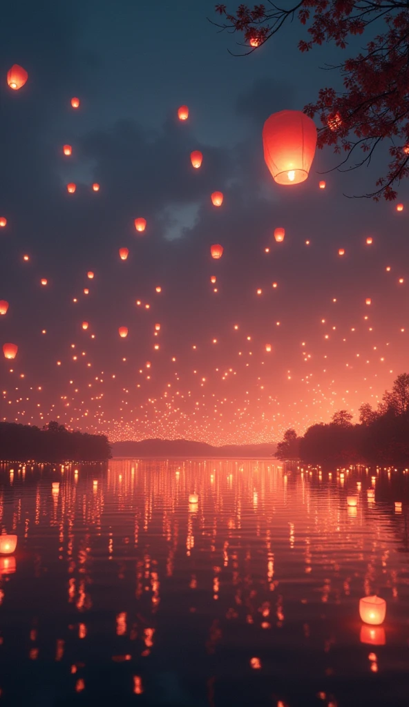 (masterpiece:1.2,Superior Quality,mirror-like,Cinematic Experience),8k,wallpaper,(Over the lake, countless lanterns were released into the air.:2.0),(Diffuse reflection of light:2.0),(Dynamic Angle:2.0)16K, Ultra-high resolution, Ultra-high resolution, to be born,wonderful ,future、Iridescent、The world 30 years from now
