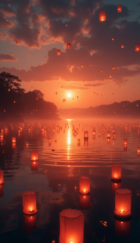 (masterpiece:1.2,Superior Quality,mirror-like,Cinematic Experience),8k,wallpaper,(Over the lake, countless lanterns were released into the air.:2.0),(Diffuse reflection of light:2.0),(Dynamic Angle:2.0)16K, Ultra-high resolution, Ultra-high resolution, to be born,wonderful ,future、Iridescent、The world 30 years from now