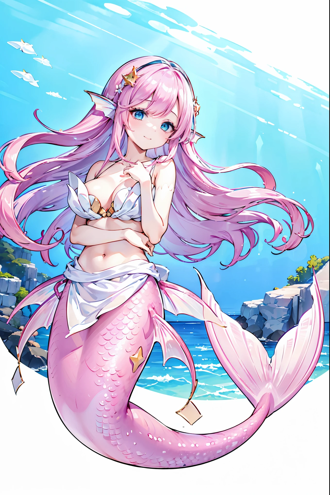 masterpiece, best quality,A girl,Pink Hair,Hair accessories,White Dress,blue eyes,Head fin,独奏,Large Breasts,Mermaid,粉色的Mermaid尾巴,full-body shot,(Underwater:1.2),seabed,charming face(Kawaii, charming,Soft),Smile,