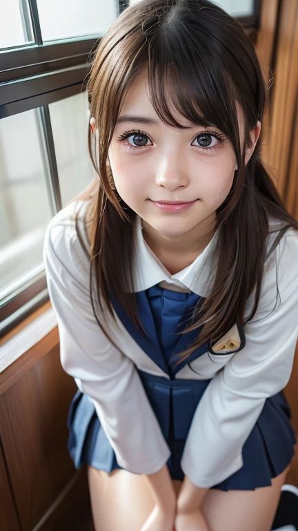 (8k, Photorealistic, RAW Photos, Best image quality: 1.4), Japanese girl、Super detailed face、Eye on the details、double eyelid、Sharp focus:1.2、Beautiful woman:1.4、Light brown hair、Highest quality、masterpiece、Ultra-high resolution、(Photorealistic:1.4)、非常に詳細でプロフェッショナルに照らされたsmile、(Japanese high school uniform:1.5)、blush、amount、Small breasts、ponytail、From below、Low - Angle、smile、freckles、classroom，Sitting at a desk、Knee-high socks、Spread your legs、Headband
