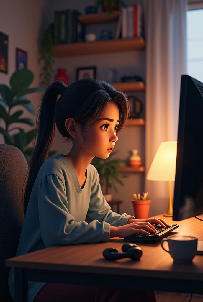 This girl playing game on PC .