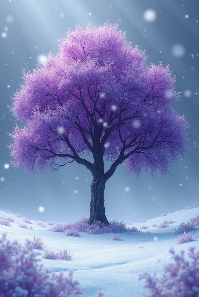 Purple tree on snow fall