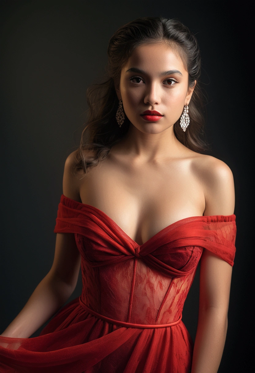 Mesmerizing portrait of a young girl with sharp facial features, dressed in red sexy,A transparent dress,you can see her magnificent breasts through the fabric of her dress , off the shoulder, shot in a studio with dramatic lighting, alluding to the work of Irving Penn, on Nikon D850 camera with Nikon AF-S NIKKOR 85mm f lens/1.4G, Color , with high contrast, hyperrealism, high detail and high resolution 16k --ar 16:9 --q 2.