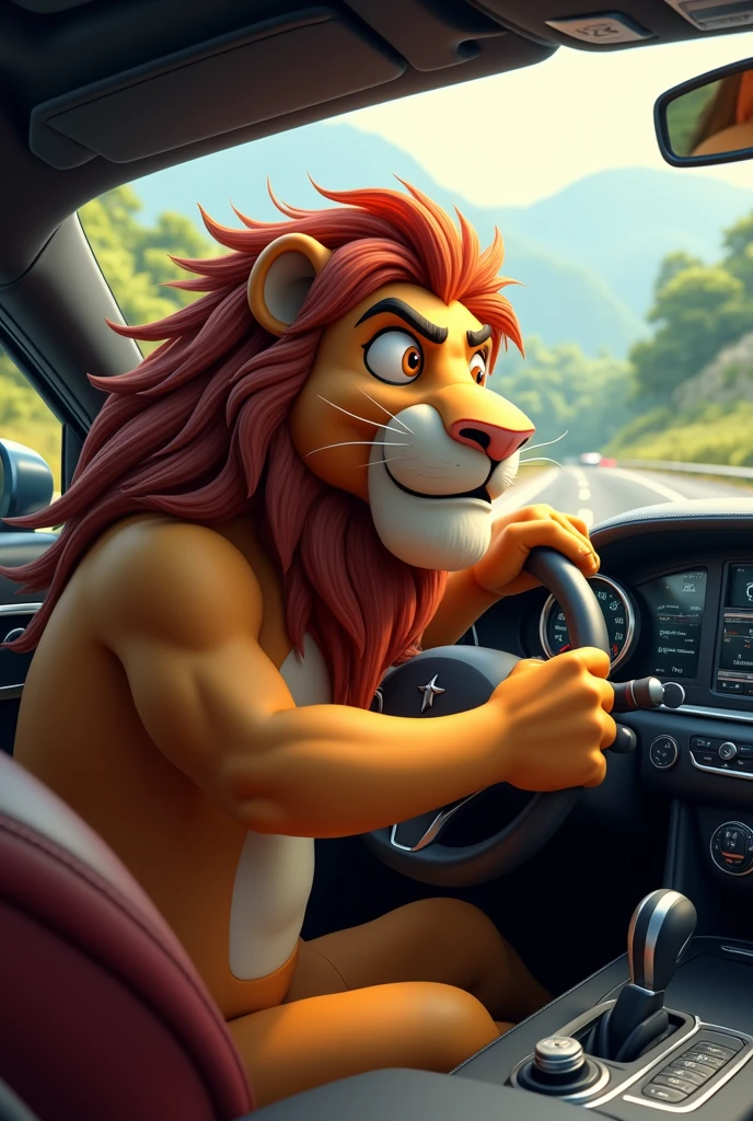 Create cartoon type lion driving a car. Realistic type