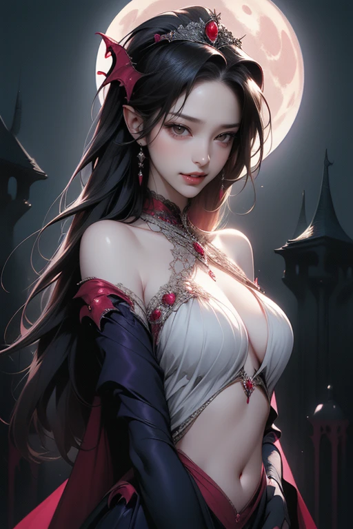 (masterpiece:1.2), (highest quality,silky skin,beautiful real woman:1.3), realistic, (real picture, intricate details, pink high neck dress), parted lips, very detailed, perfect face, perfect body, large model,(Background in the eerie moonlit night, old castle:1.6)、(slave Vampire princess:1.7)、transparent nippleature woman、tall、long legs、Separate the upper and lower costumes、brightly colored drawings、Clothes with a wide open chest、revealing costumes、Clothes that expose the belly button、Only the upper body is dressed up、random hairstyle、big breasts、transparent lace costume、embellished costume、