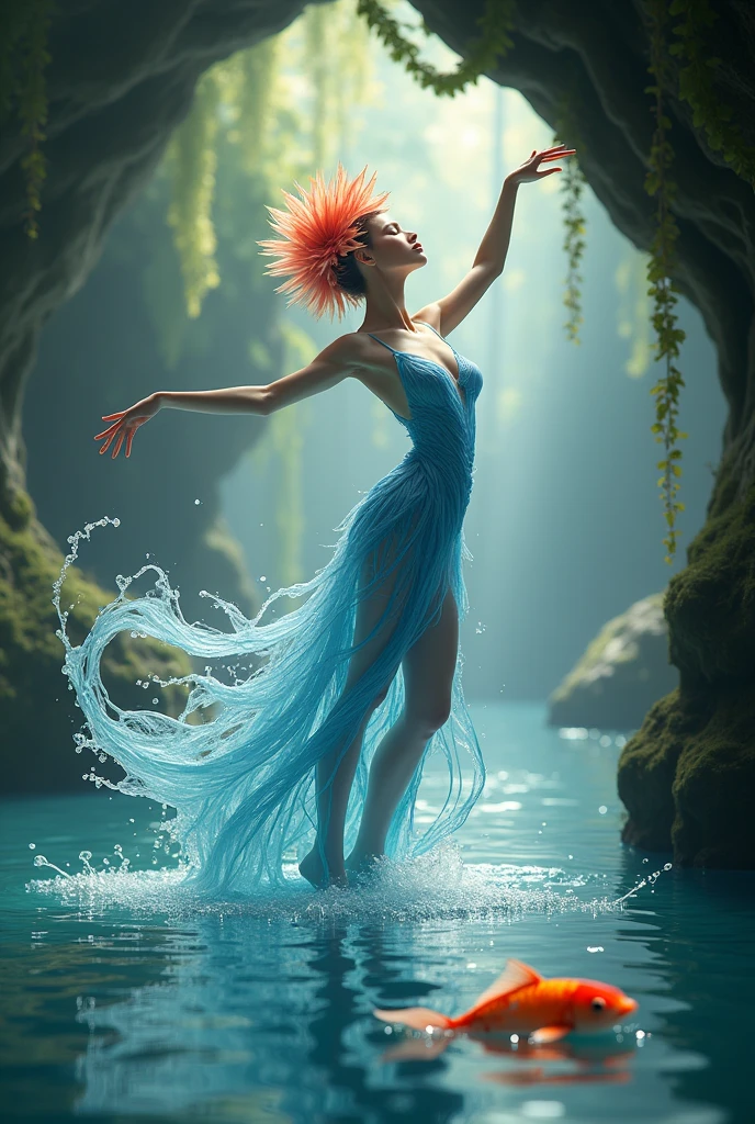 A whimsical dancer gracefully poised in mid-movement, her entire body fully made of delicate moving water. Her head is a vibrant water in a shape of flower, petals elegantly unfurling as if in full bloom. The background is a lush, enchanted river with a cave at the back, soft sunlight filtering through the canopy, and a carpet of clear and calm water with a koi fish underfoot. The scene is serene yet full of life, capturing the magic of enchanted river."