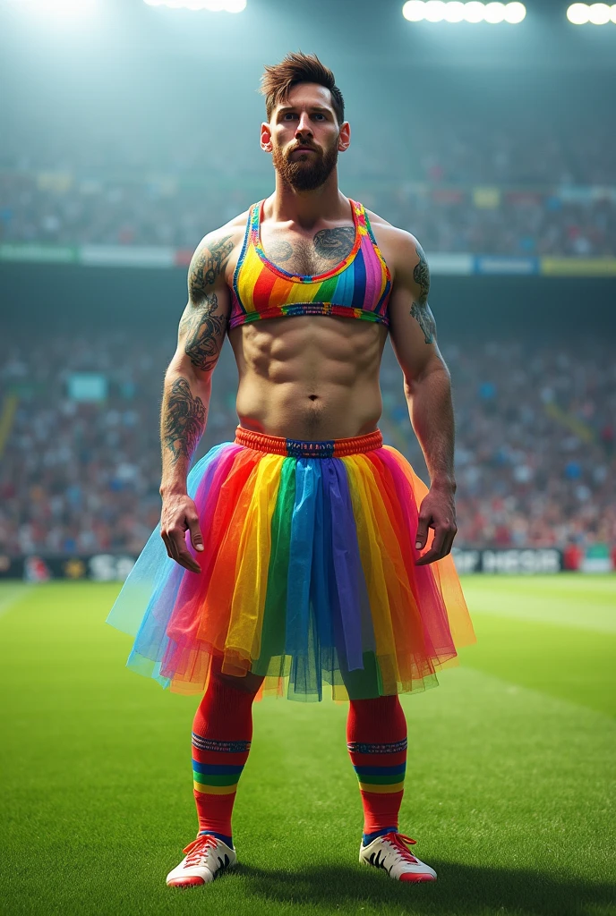 Lionel messi wearing a rainbow skirt and sports bra in a football field with large breasts