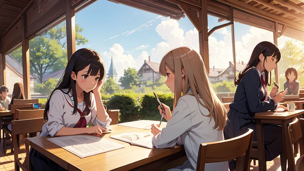 An illustration of high school girls studying in a Ghibli-style cafe