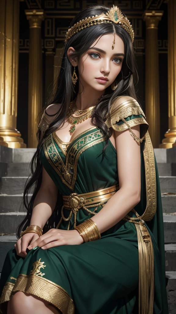 (A Gorgeous 30-Year-Old Greek Female Goddess), (Messy Long Black Hair), (Dark Green Eyes), (Fair Skin), (Wearing Green Revealing Maiden Attire with Golden Jewelries), (Greek Temple at Night), (Sitting on Throne Pose), Waist Up Shot, View From Front, Ambient Lighting, Photo Realism, Intricate Face Detail, Intricate Hand Details, Vibrant Colors, Highly Detailed, Picture Taken with Sony A7RIV, with Sony 16-35mm f/4 Lenses, Cinematic, High Definition, Trending on Artstation--style raw