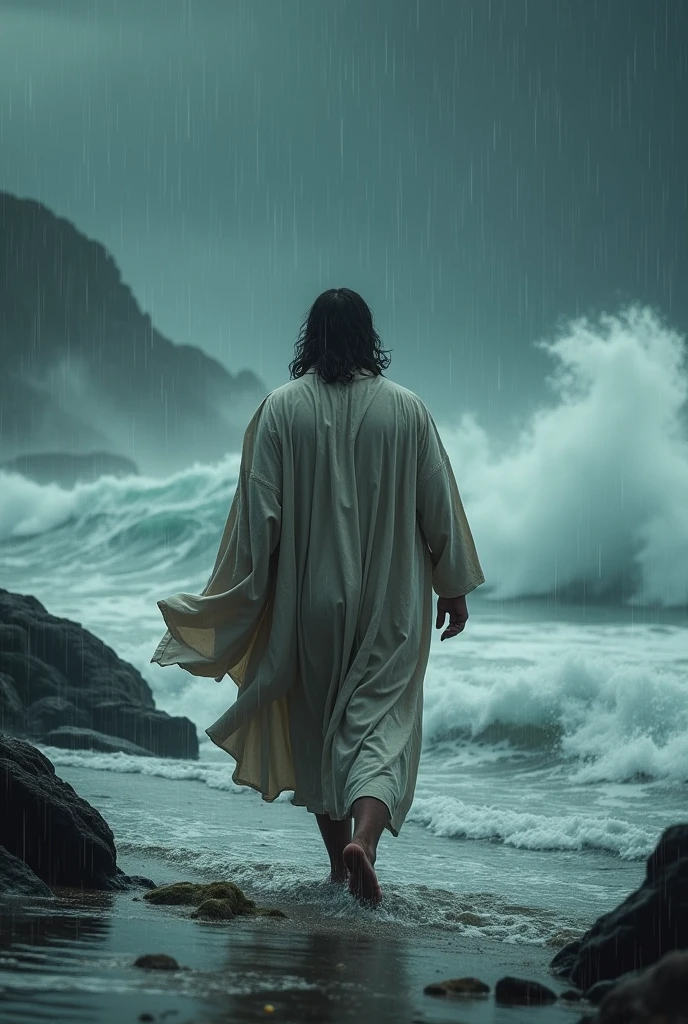 Jesus , cinematic movie poster , backside walking along sea , raining, colors are very cinematic, going little far away, between sea waves , more cinematic movie poster , creative , macho , strong , god