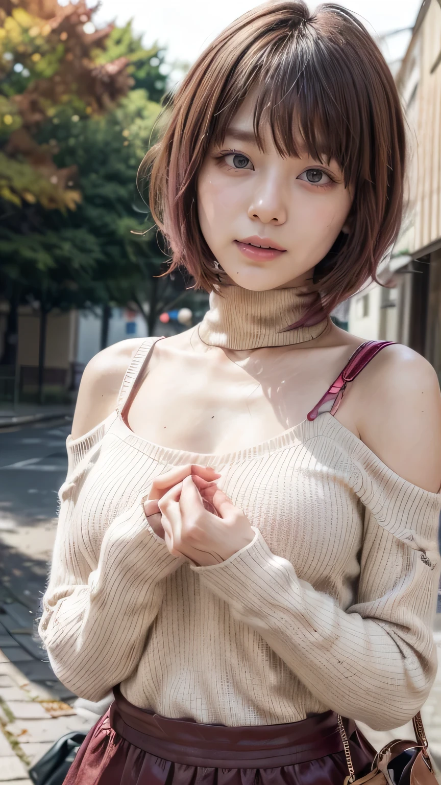 (Turtleneck long sleeve knit:1.2、(Tight long skirt:1.5、mermaidskirt、(The strap of the shoulder bag passes between the chest:1.5、paisla:1.5)))、(A woman standing leaning forward and peering into the park in autumn:1.3、Autumn foliage season、orange autumn leaves、Trees stained with autumn leaves々)、(Realistic、Like a photograph、Live Action、8k, Realistic, RAW Photos, Best image quality: 1.4), Single-lens reflex camera、RAW Photos, Highest quality, Realistic, Very detailed CG Unity 8k wallpaper, Written boundary depth, Cinematic Light, Lens flare, Ray Tracing, Realistic background、((ultra high density skin))、((whole body:1.5))，(目を細めてLolう、大きなLol顔、Lol)、(Pink inner color hair、short hair、Shortcuts:1.3)、I like that style、stylish、Very detailed、Pay attention to the details、Perfect outfit、(Sunburned skin)、Beautiful feet:1.1，Anatomically correct body、Accurate Fingers、(View from the front)