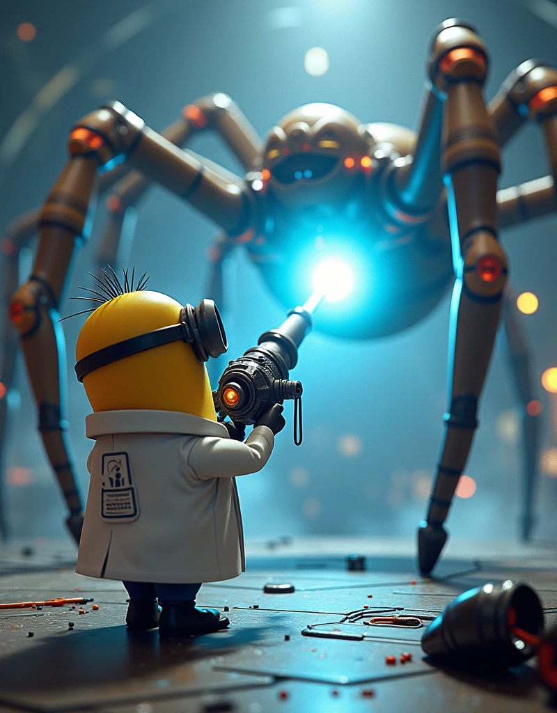 Minion Kevin Scientist Suit Image.stand in front of the big energy cannon, emitted a powerful beam of light towards the giant spider.. 
