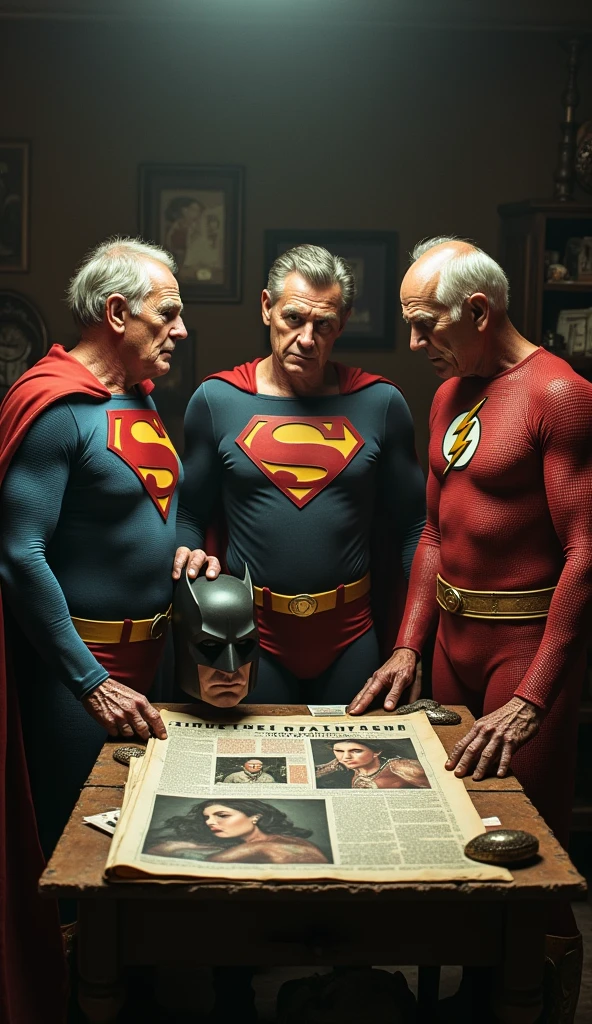 All four heroes : old Superman, old Bruce Wayne carry mask, old Wonder Woman with grey hair, old-man Flash stand together, looking at an old, tattered newspaper with their younger selves on the cover. Background: A small, dusty room with a single table, the newspaper resting on it. The room is filled with memorabilia. Narration: "Once, they stood against the forces of evil... together." 
