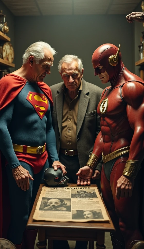 All four heroes : old Superman, old Bruce Wayne carry mask, old Wonder Woman with grey hair, old-man Flash stand together, looking at an old, tattered newspaper with their younger selves on the cover. Background: A small, dusty room with a single table, the newspaper resting on it. The room is filled with memorabilia. Narration: "Once, they stood against the forces of evil... together."
