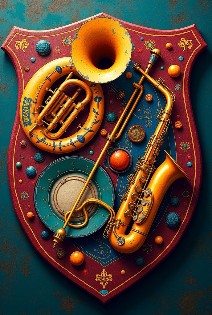 Create a shield for a band called Charanga Los Manchegos and have a trumpet appear, a tuba, a bass drum, some dishes, a trombone and a sax.
Let it have a fun and sexual touch